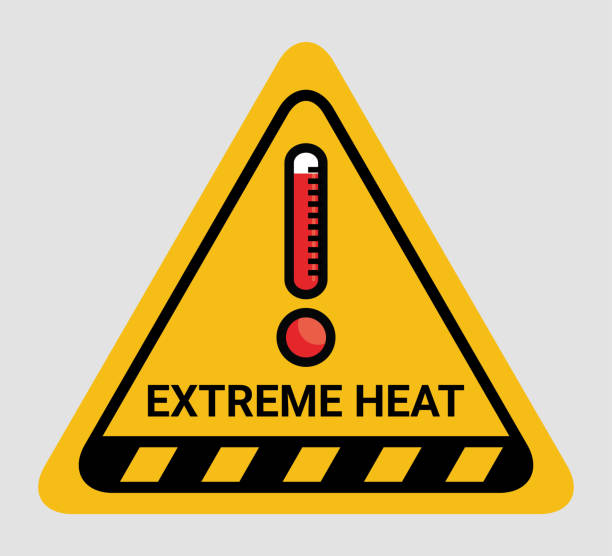 ilustraciones, imágenes clip art, dibujos animados e iconos de stock de signo de triángulo de advertencia de alta temperatura vectorial. condiciones extremas de temperatura del termómetro caliente símbolo de calor, estandarte, póster o pegatina para lugares públicos. ilustración aislada en segundo plano - ola de calor