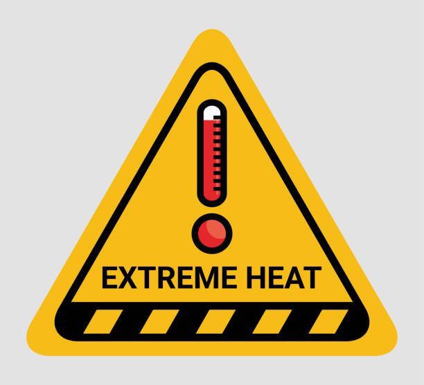Vector high temperature warning triangle sign. Extreme hot thermometer temperature conditions danger heat symbol, banner, poster or sticker for public places. Illustration isolated on background Vector high temperature warning triangle sign. Extreme hot thermometer temperature conditions danger heat symbol, banner, poster or sticker for public places. Illustration isolated on background. heatwave stock illustrations