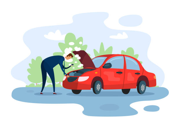 Businessman and a broken car Breakdown of the car. The businessman is trying to fix his vehicle. Isolated vector illustration of a broken red car on the road. hood stock illustrations