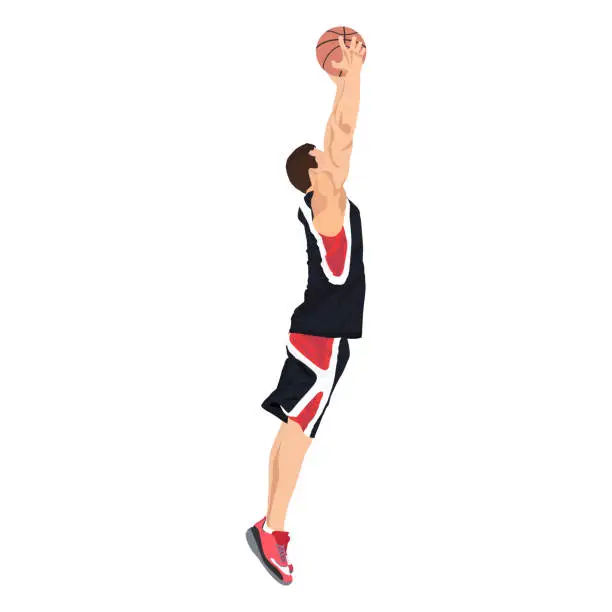 Vector illustration of Professional basketball player jumping and shooting ball into the hoop, vector illustration