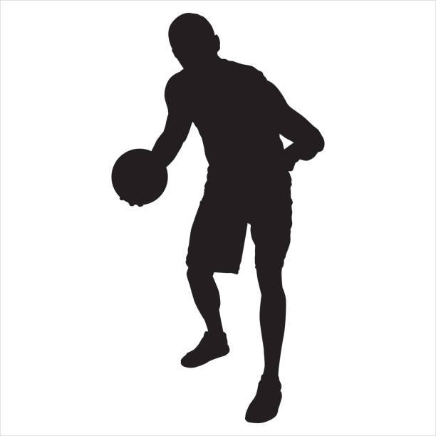 istock Professional basketball player silhouette with ball, vector illustration. Basketball dribbling skills. 1268306096