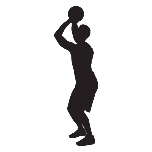 illustrazioni stock, clip art, cartoni animati e icone di tendenza di giocatore di basket professionista silhouette palla da tiro nel cerchio, illustrazione vettoriale - basketball slam dunk basketball hoop sport