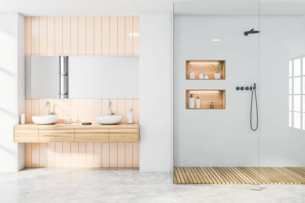 istock Grey and beige bathroom, sink and shower 1268307220