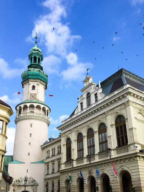 View of Sopron old town, Hungary with blue sky. The historical city center with Firewatch tower and Town Hall.