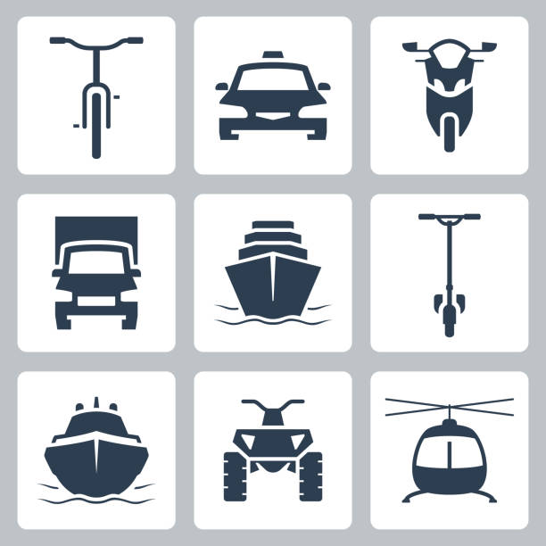 ilustrações, clipart, desenhos animados e ícones de conjunto de ícones do vetor de transporte, vista frontal no estilo glifo - cruiser bicycle illustrations