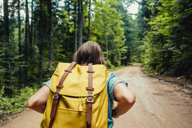 istock Woman with backpack hiking in the forest 1268316278
