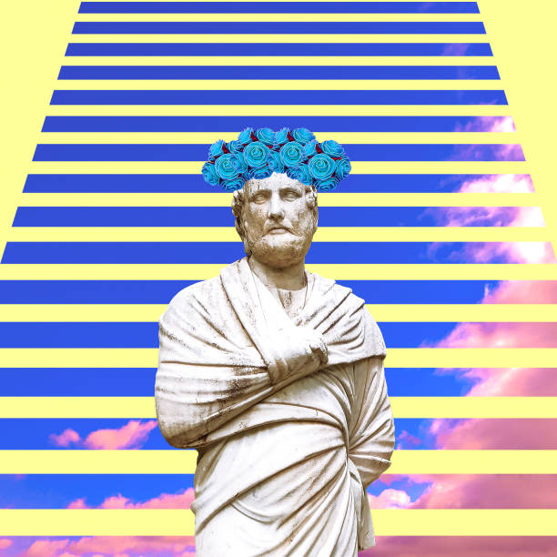 Contemporary art collage. Sculpture renaissance Man and sky background