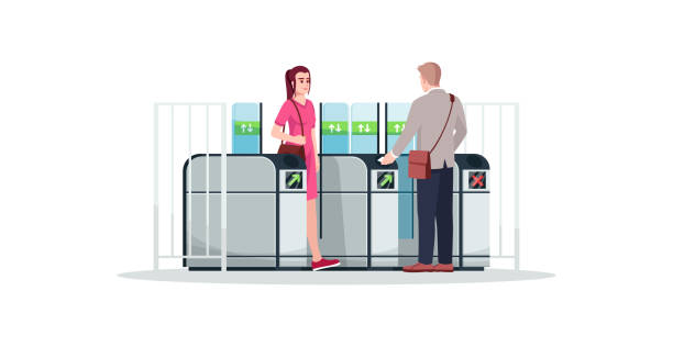 People using public transport semi flat RGB color vector illustration People using public transport semi flat RGB color vector illustration. Commuting to work. Subway, metro, train station automatic entrance. Isolated cartoon characters on white background entrance stock illustrations
