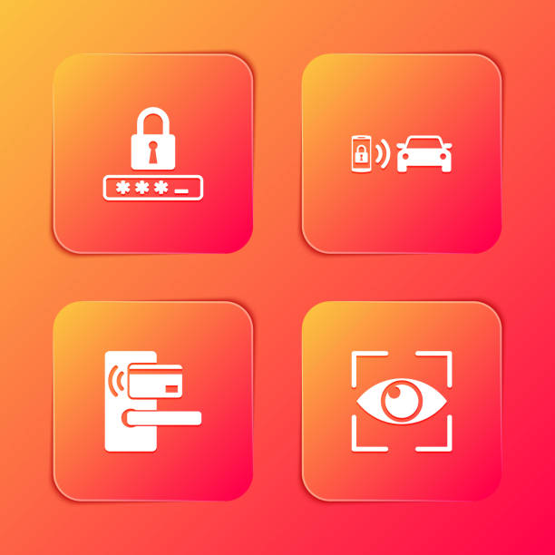 設定パスワード保護, スマートカーアラームシステム, ワイヤレスと目のスキャンアイコンとデジタルドアロック.ベクトル - car car door door handle点のイラスト素材／クリップアート素材／マンガ素材／アイコン素材