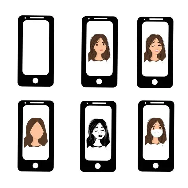 Vector illustration of Brunette girl on the phone screen. Emotions of a woman on the screensaver of a smartphone. Remote communication using gadgets. Stock vector illustration for business, internet, social networks.