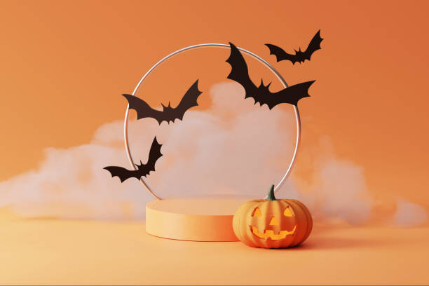 Photo of 3D pedestal podium with cloud smoke on orange background. Flying bat and   pumpkin with frame rim. Halloween Jack o lantern display showcase, product promotion. Abstract spooky 3D render illustration