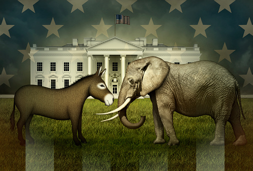 U.S. Stars and Stripes overlay a Democrat Donkey and Republican Elephant facing each other, ready for battle, on the North Lawn of the White House.  3D Illustration\