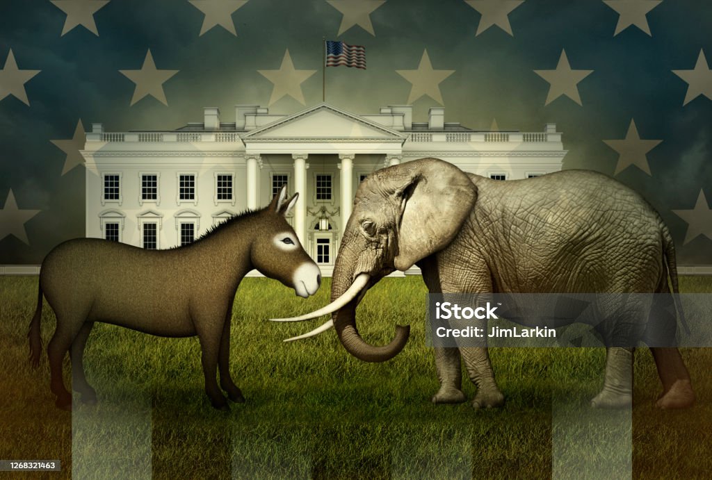 Democrat Donkey and Republican Elephant Face Off in Front of the White House U.S. Stars and Stripes overlay a Democrat Donkey and Republican Elephant facing each other, ready for battle, on the North Lawn of the White House.  3D Illustration"n US Republican Party Stock Photo