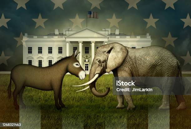 Democrat Donkey And Republican Elephant Face Off In Front Of The White House Stock Photo - Download Image Now