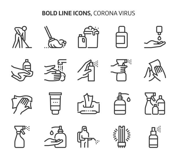 코로나 바이러스, 대담한 라인 아이콘. - sterilize stock illustrations