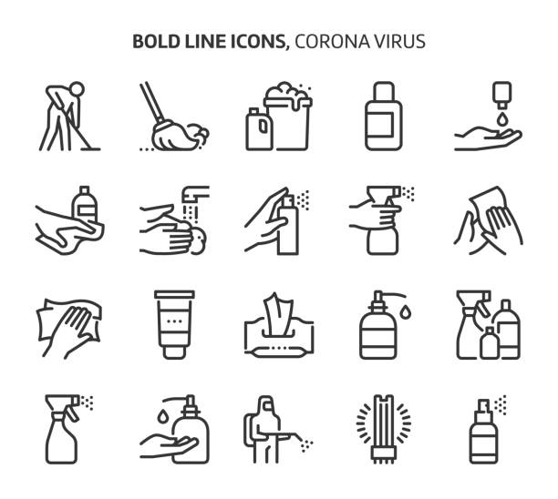 Corona virus, bold line icons. Corona virus, bold line icons. The illustrations are a vector, editable stroke, 48x48 pixel perfect files. Crafted with precision and eye for quality. alcohol wipes stock illustrations