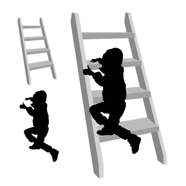 маленький мальчик поднимается по лестнице. векторный черный силуэт мальчика, серый силуэт лестницы, изолированный на белом фоне. - silhouette back lit little boys child stock illustrations