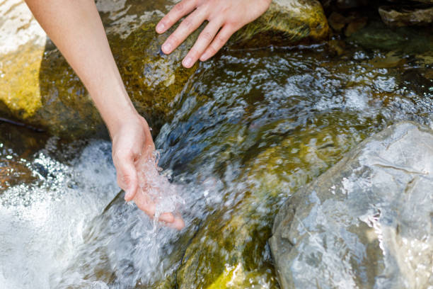 hand is in a mountain river stream. - ripple nature water close to imagens e fotografias de stock