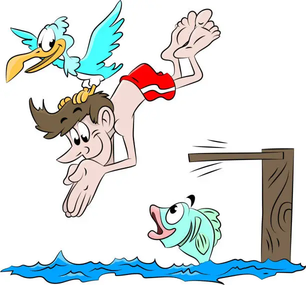 Vector illustration of Cartoon man on vacation diving into the sea vector illustration