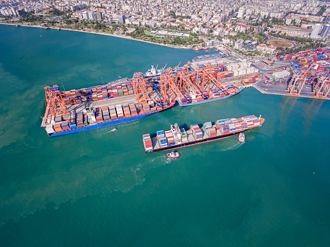 Aerial view of freight ship with cargo containers in Istanbul