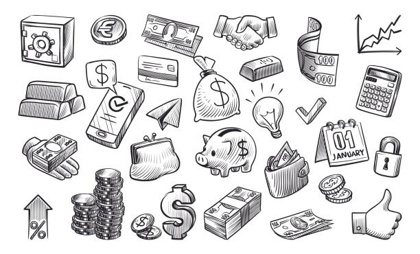 Money sketch. Hand drawn financial elements in sketch style, cash and stack coins, safe and wallet, credit card and currency, bank payment concept black vector isolated set Money sketch. Hand drawn financial elements in sketch style, cash, gold and stack coins, safe and wallet, credit card and currency, bank payment and economy concept black vector isolated set banking drawings stock illustrations