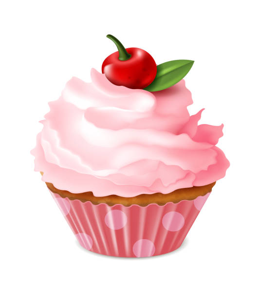 istock Realistic cupcakes. Sweet creamy desserts cakes cooking baking delicious confection, congratulation birthday cafe party vector set 1268334570