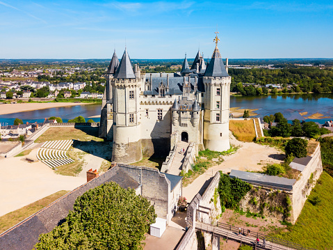 Chateau de Saumur castle aerial panoramic view in Saumur city, Loire valler in France