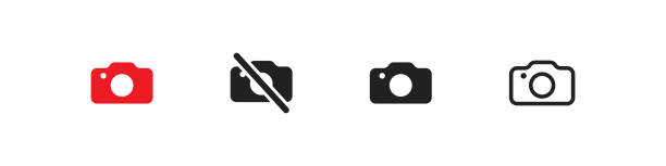 fotokamera, einfache isolierte schwarz und linie symbol-set, symbol für design in vektor flach - rechnerunterstützte fertigung fotos stock-grafiken, -clipart, -cartoons und -symbole