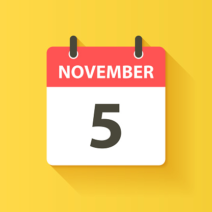 November 5. Calendar Icon with long shadow in a Flat Design style. Daily calendar isolated on yellow background. Vector Illustration (EPS10, well layered and grouped). Easy to edit, manipulate, resize or colorize.