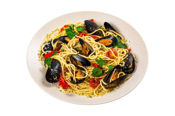 istock Seafood Pasta Spaghetti with Mussels and Tomatoes Background 1268345167