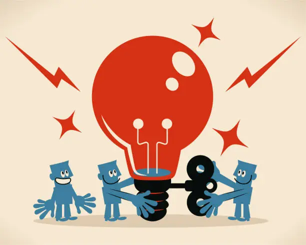 Vector illustration of Business team is turning a wind-up key on a big idea light bulb