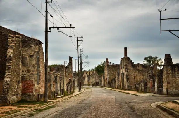 The village of Oradour sur Glane, France was destroyed in 1944, when its inhabitants were massacred by German nazi. A new village was built nearby, the original was preserved as a permanent memorial