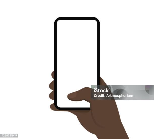 Black Man Hand Holding Mobile Phone Selfie First Person Template Clip Art Flat Design Stock Illustration - Download Image Now