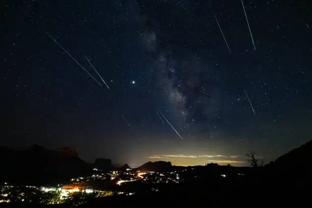 Perseids meteor shower over the red rocks of Sedona, Arizona.