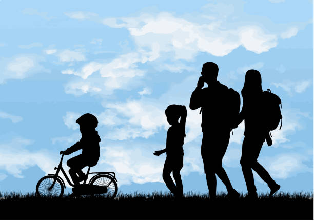 家族旅行でバックパックに到達します。 - women cycling bicycle father点のイラスト素材／クリップアート素材／マンガ素材／アイコン素材