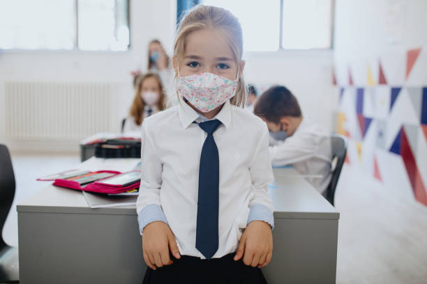 istock Child with face mask back at school after covid-19 quarantine and lockdown 1268356116
