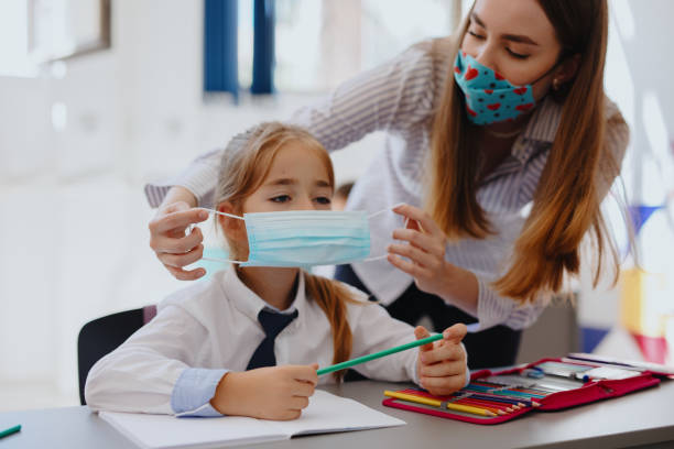 istock Female teacher putting on a protective face mask to a student 1268357068