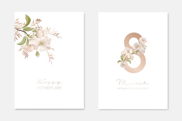 8 March International Woman's Day and Happy Mother's Day Elegant Greeting Cards Set, Creative Design Composition for Holidays Congratulation with Spring Blooming Cherry Flowers Vector Illustration vector art illustration