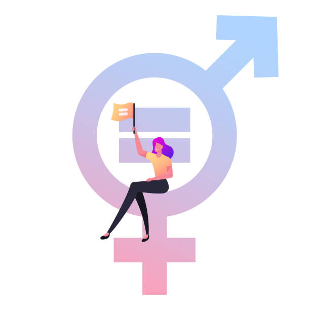 istock Tiny Female Character Sitting on Huge Combined Symbol of Venus and Mars Means Equality of Male and Female Genders. Woman Rights, Emancipation and Feminism Concept. Cartoon Vector Illustration 1268358785