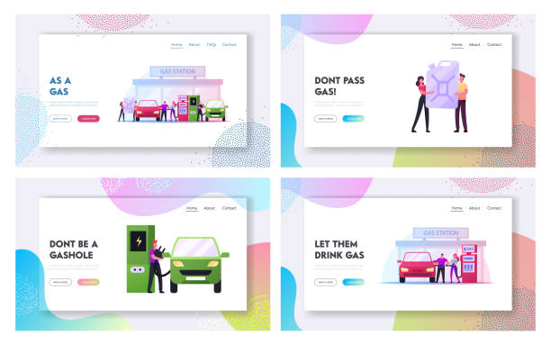 ilustrações de stock, clip art, desenhos animados e ícones de characters refueling car on fuel station landing page template set. man pumping petrol and charging electric auto - gasoline electricity biofuel car