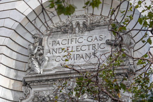 San Francisco California, USA - August  6, 2020: Headquarters of Northern California utility Pacific Gas & Electric, located at 77 Beale St. in San Francisco.
