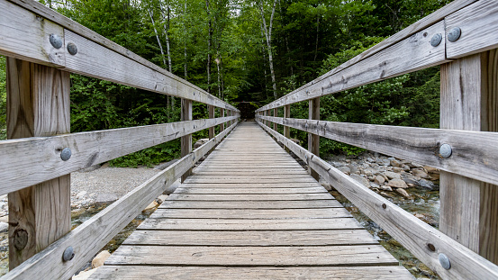 The sturdy Lincoln Woods Trail footbridge helps hikers cross the Franconia Branch as it flows to its destination