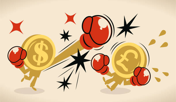 illustrations, cliparts, dessins animés et icônes de anthropomorphic dollar et livre signe pièce (monnaie américaine vs monnaie britannique) se battent les uns contre les autres par la boxe; crise de la livre sterling - boxing glove battle business fighting