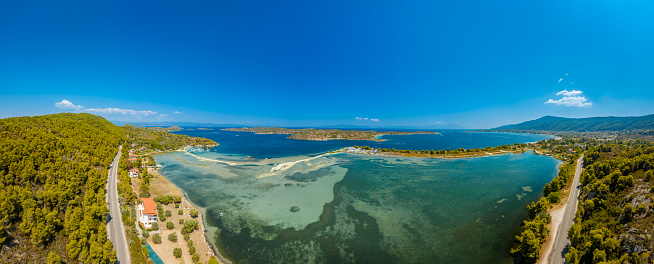Panoramic aerial photo of Vourvourou, Fteroti, Lagonisi, Karydi and Diaporos Island at Sithonia, Halkidiki Peninsula at summer