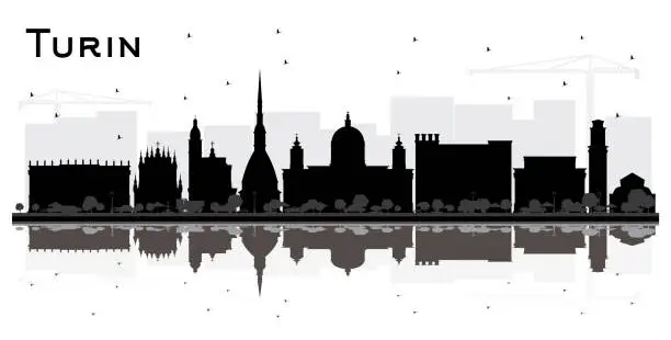 Vector illustration of Turin Italy City Skyline Silhouette with Black Buildings and Reflections Isolated on White.
