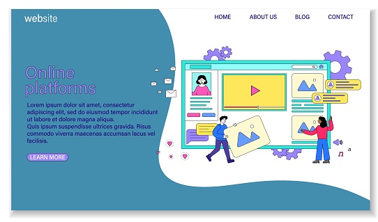 Online platform concept with people creating social media profile page. Web page template. Flat vector illustration