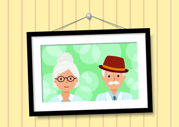 Family Portrait Elderly parent in Picture Frame Hanging on yellow Family Portrait Elderly parent in Picture Frame Hanging on yellow Wallpaper Background. Vector illustration, flat style. family photo on wall stock illustrations