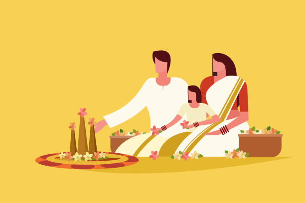 Traditionally dressed family do floral designs on floor. Concept of Onam festival in Kerala Traditionally dressed family do floral designs on floor. Concept of Onam festival in Kerala pookalam stock illustrations