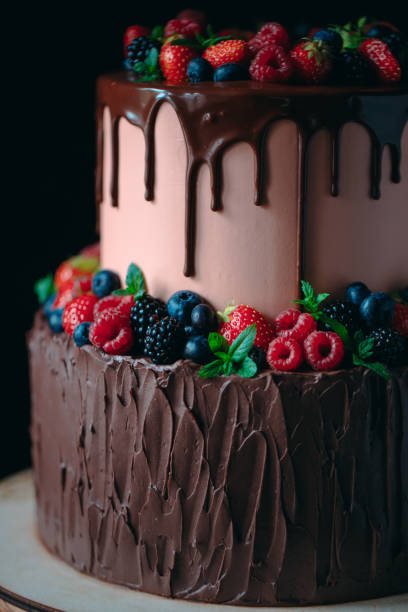 istock Fruit chocolate cake on wooden stand on black background. 1268392623