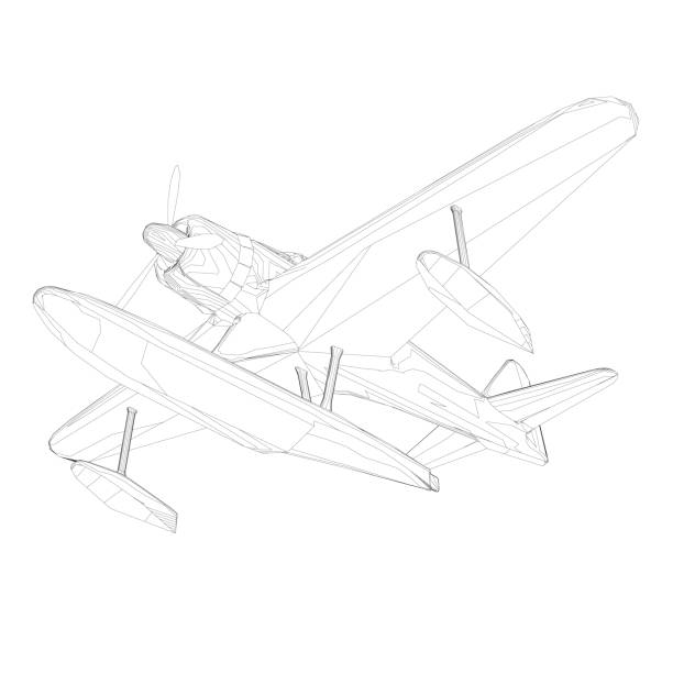 istock Wireframe of an old plane for landing and taking off from the water. Bottom view. 3D. Vector illustration 1268392728